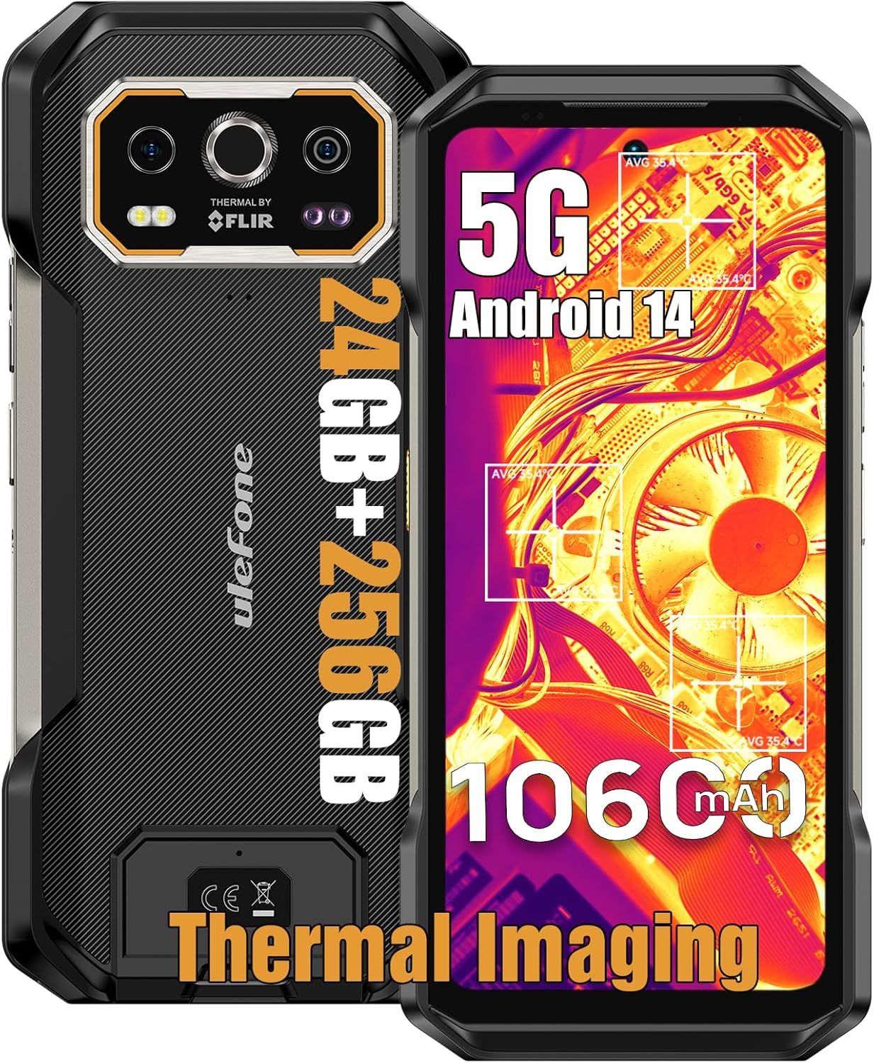 Ulefone Armor 27T Pro 5G Smartphone - Incassable, 24Go + 256Go, Android 14, 10600mAh, Caméra 64MP + Thermique, 6.78" NFC/OTG/GPS, Noir