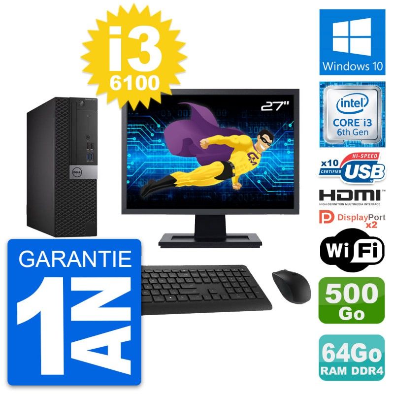 Dell OptiPlex 5050 SFF Desktop PC - 27" Screen, i3-6100, 64GB RAM, 500GB HDD