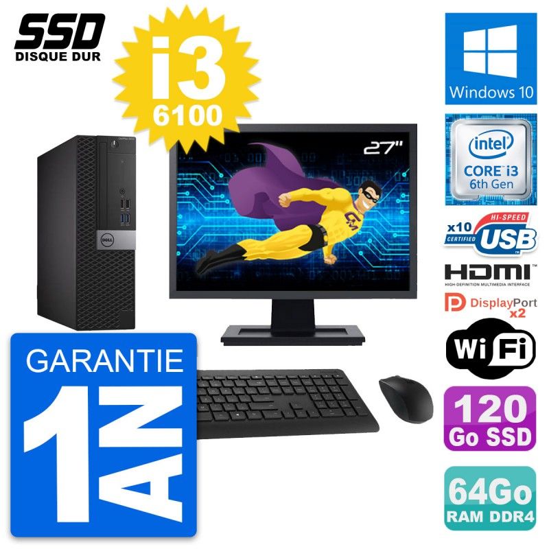 Dell OptiPlex 5050 SFF Computer - 27" Screen, Intel i3-6100, 64GB RAM, 120GB SSD