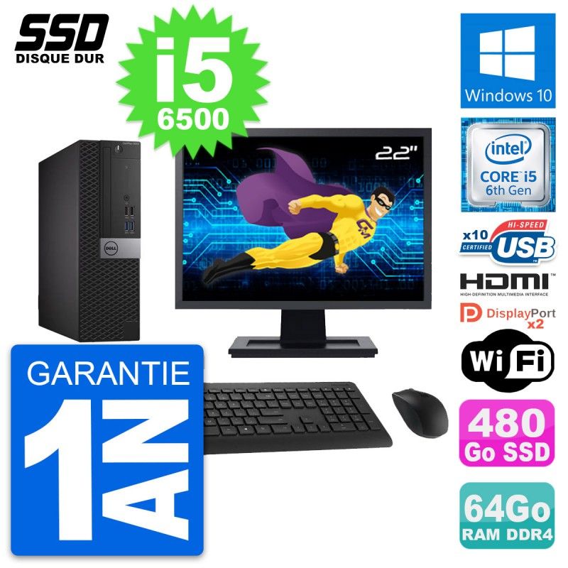Dell OptiPlex 5050 SFF Computer - 22" Screen, Intel i5-6500, 64GB RAM, 480GB SSD, HDMI, Windows 10, WiFi