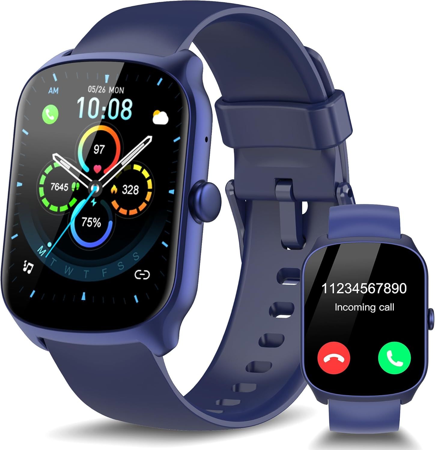 Reloj inteligente con llamadas Bluetooth, pantalla curva HD de 1,95", monitorización del ritmo cardíaco, seguimiento del sueño, 110+ modos deportivos, resistente al agua IP68, azul oscuro