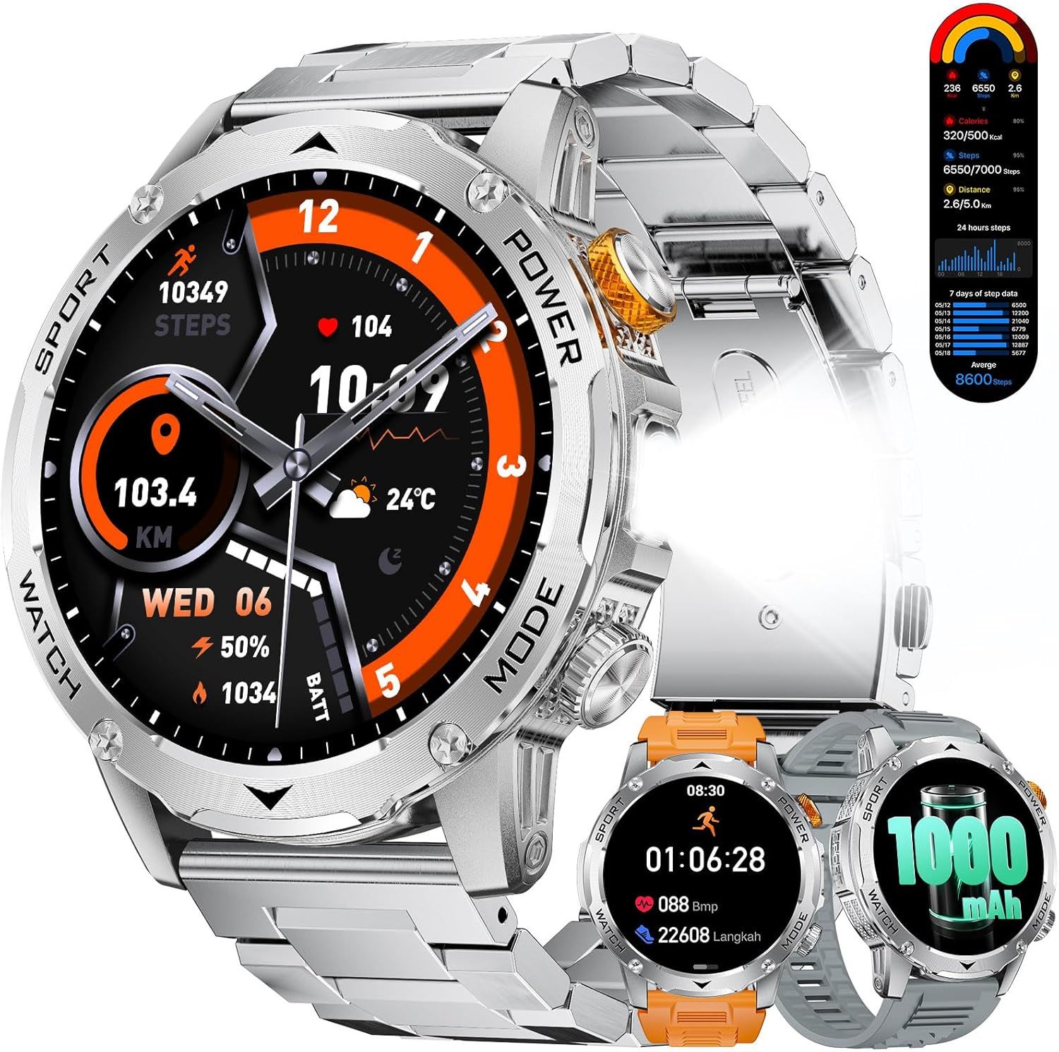 Smartwatch Men's Connected Watch, Bluetooth Call and Voice Assistant, 1000 mAh Battery, LED Torch Light, Large 1.75" Screen, 100+ Sports Modes, Android iOS Compatible, Silver