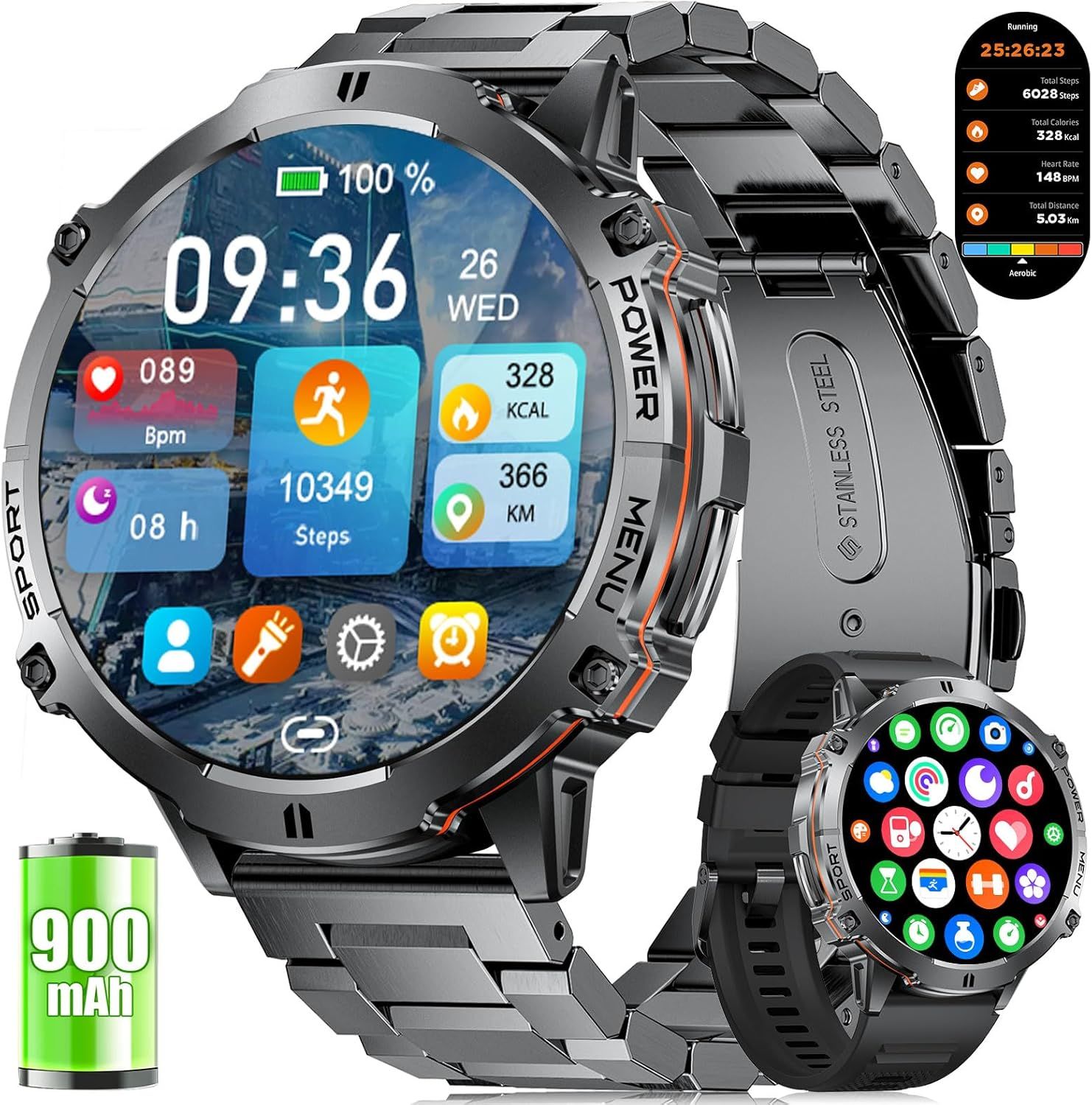 Reloj Conectado para Hombre con 900mAh, Pantalla AMOLED de 1,73'', Brújula y Barómetro, 110+ Modos Deportivos, Resistente al Agua IP68, Frecuencia Cardíaca/SpO2 para Android iOS, Negro