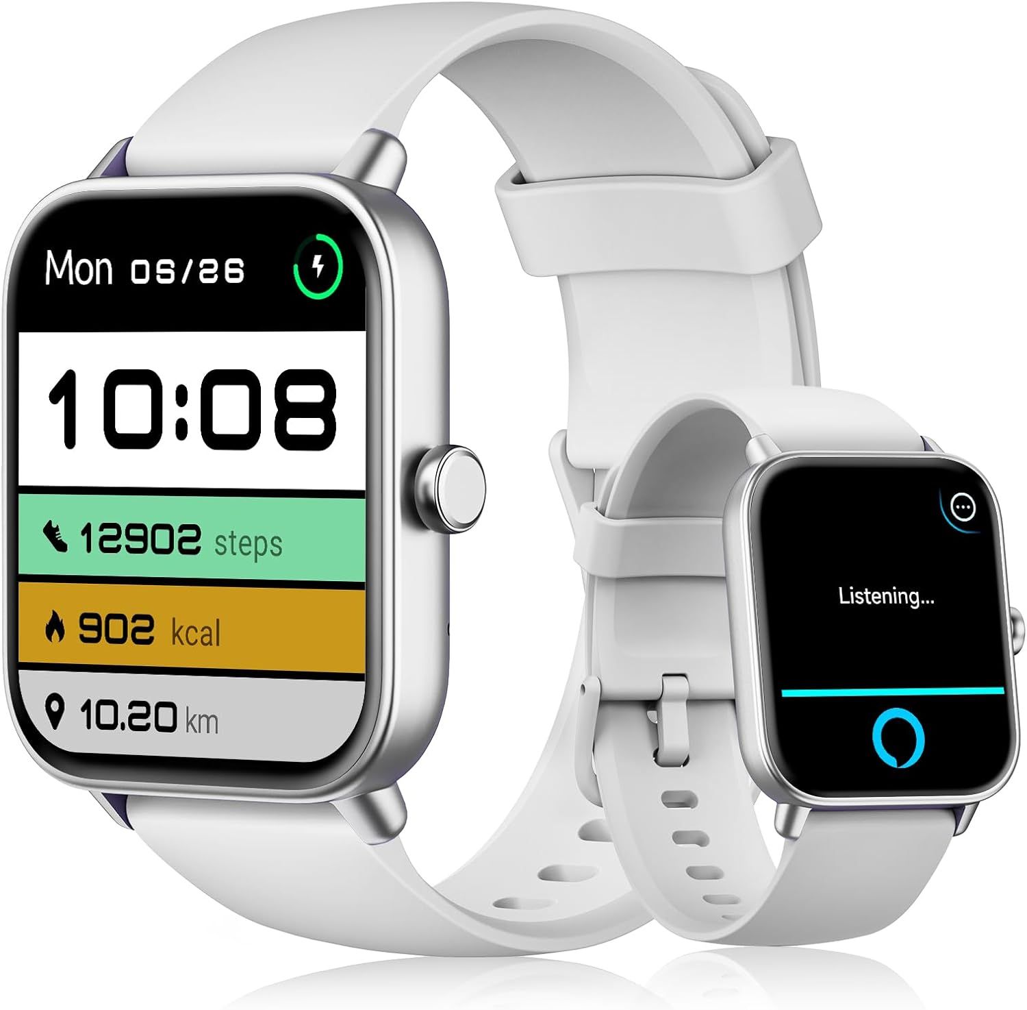 Connected Watch for Men and Women - Samsung, iPhone, Android, 1.8" Screen, Call Function, Voice AI, Alexa Integrated, Sleep Monitor, Podometer, Calorie Counter, IP68 - White