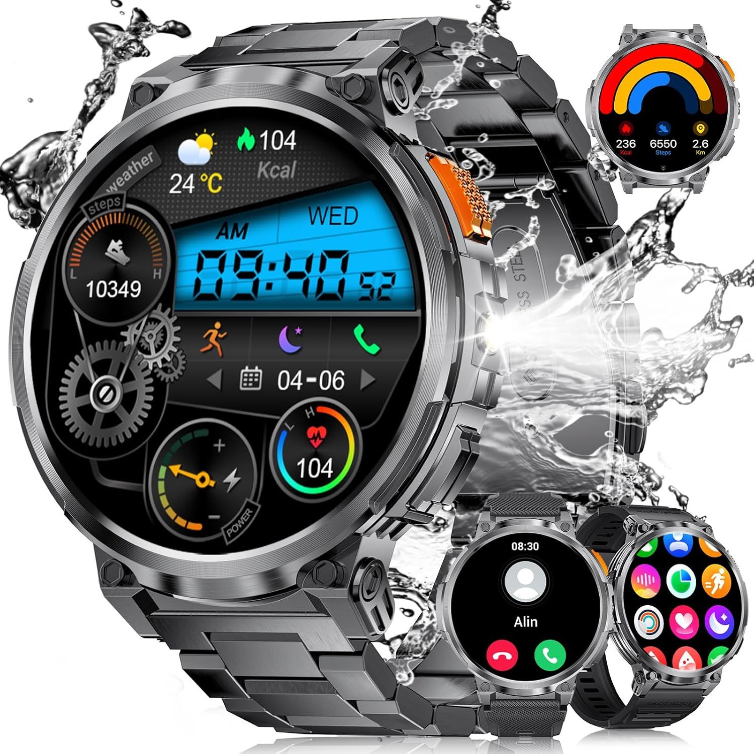 Men's Smartwatch with LED Torch, 1.85'' HD Screen, Bluetooth Calls, IP68 Waterproof, Heart Rate Monitor, Spo2, Android/iOS, 3 Bands