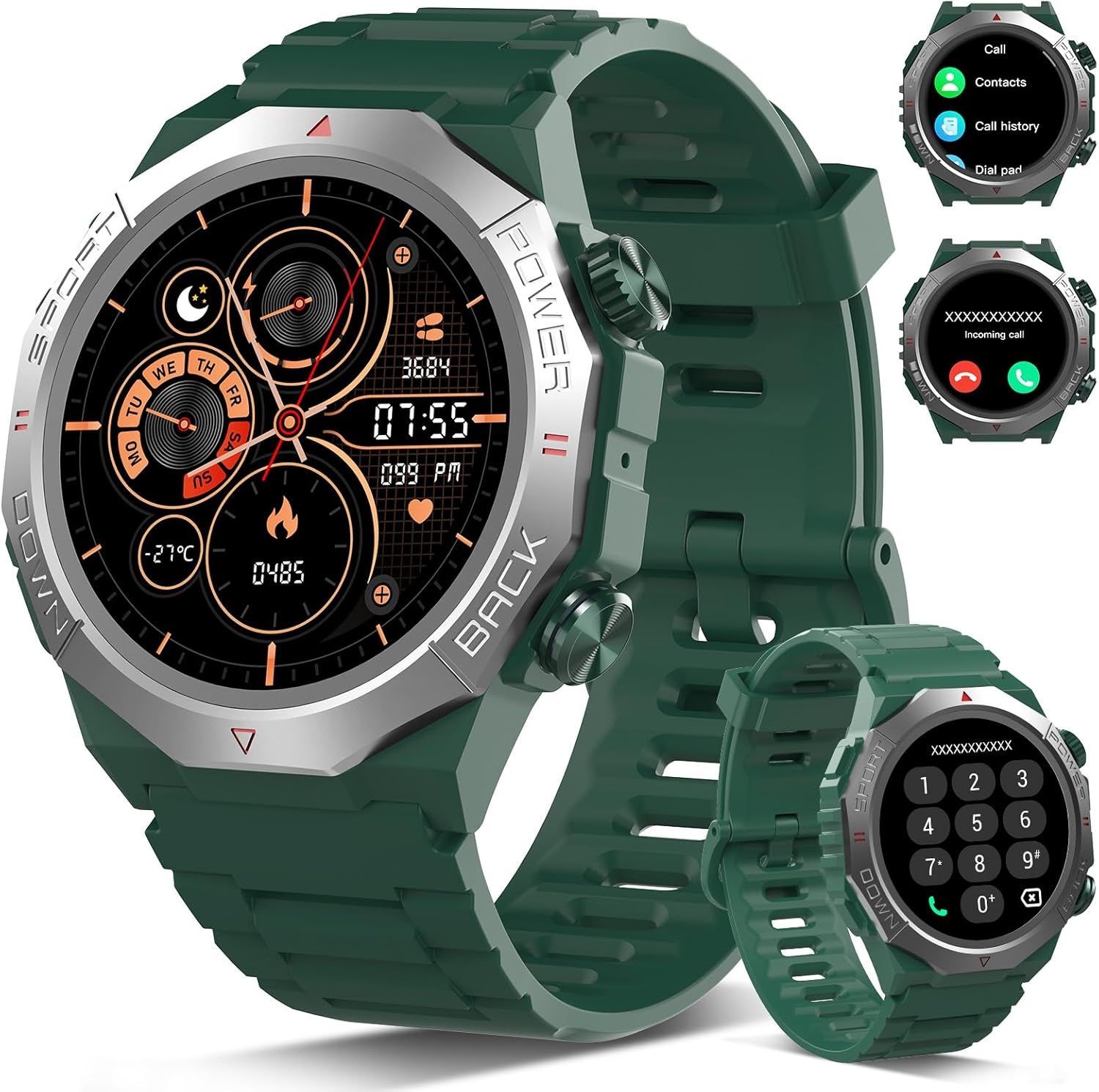 Reloj inteligente militar para hombres y mujeres, llamadas Bluetooth, pantalla HD de 1,39 pulgadas, reloj deportivo con 110+ modos, monitoreo del sueño y ritmo cardíaco, resistente al agua IP68 para Android/iOS, verde