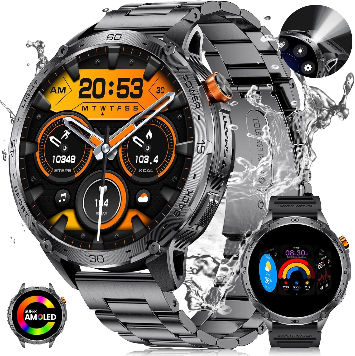1.75" Grand Amoled Screen Smartwatch for Men with LED Light, Military Grade Outdoor Watch for Android iOS, 100+ Sport Modes, IP68 Waterproof, 200+ Watch Faces, Metal Black Strap