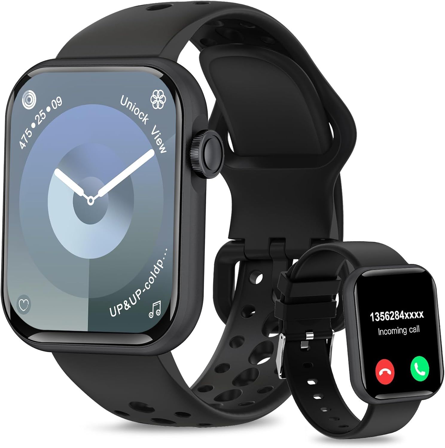 Smartwatch (2 Straps) HD 1.83" for Men and Women with Bluetooth Calling, Heart Rate & Sleep Monitor, IP67 Waterproof, Fitness Tracker iOS Android, Black