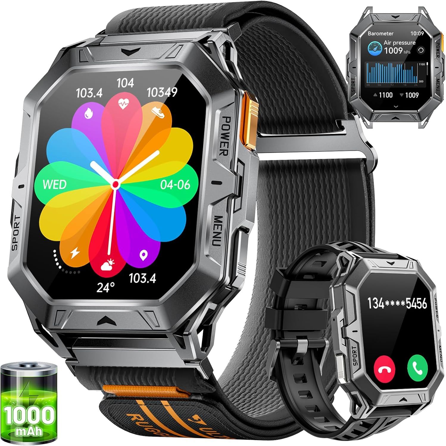 MAEC GROUP CAHORS Men's Smartwatch with Bluetooth Calls, 2.13" AMOLED Military Sport Watch 100+ Sports/Heart Rate/Sleep Tracking, 1000mAh IP68 Waterproof Android iOS