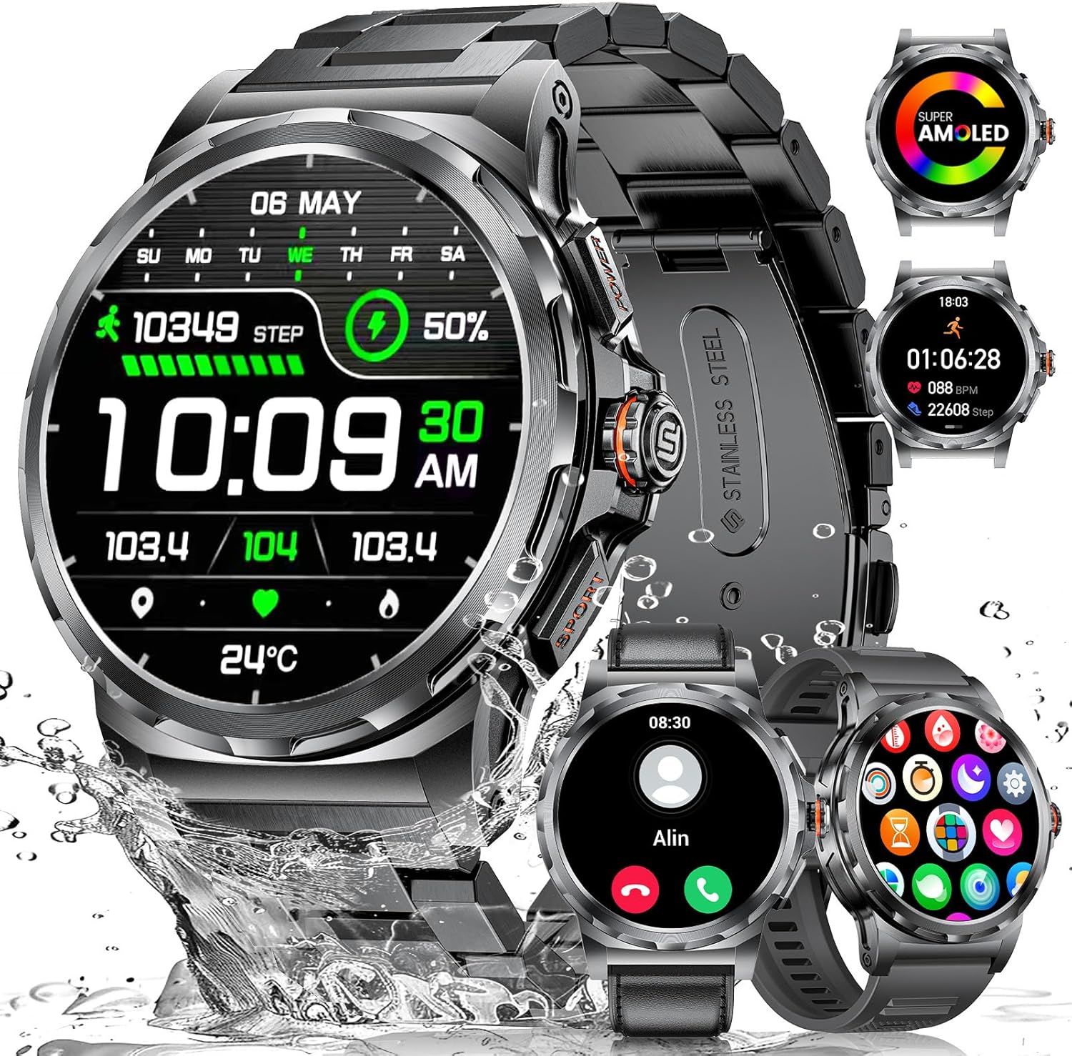 Military Men's Smartwatch (3 Straps), 1.43" HD AMOLED Sport Watch, Waterproof IP68 with Heart Rate/Step Counter for iOS and Android