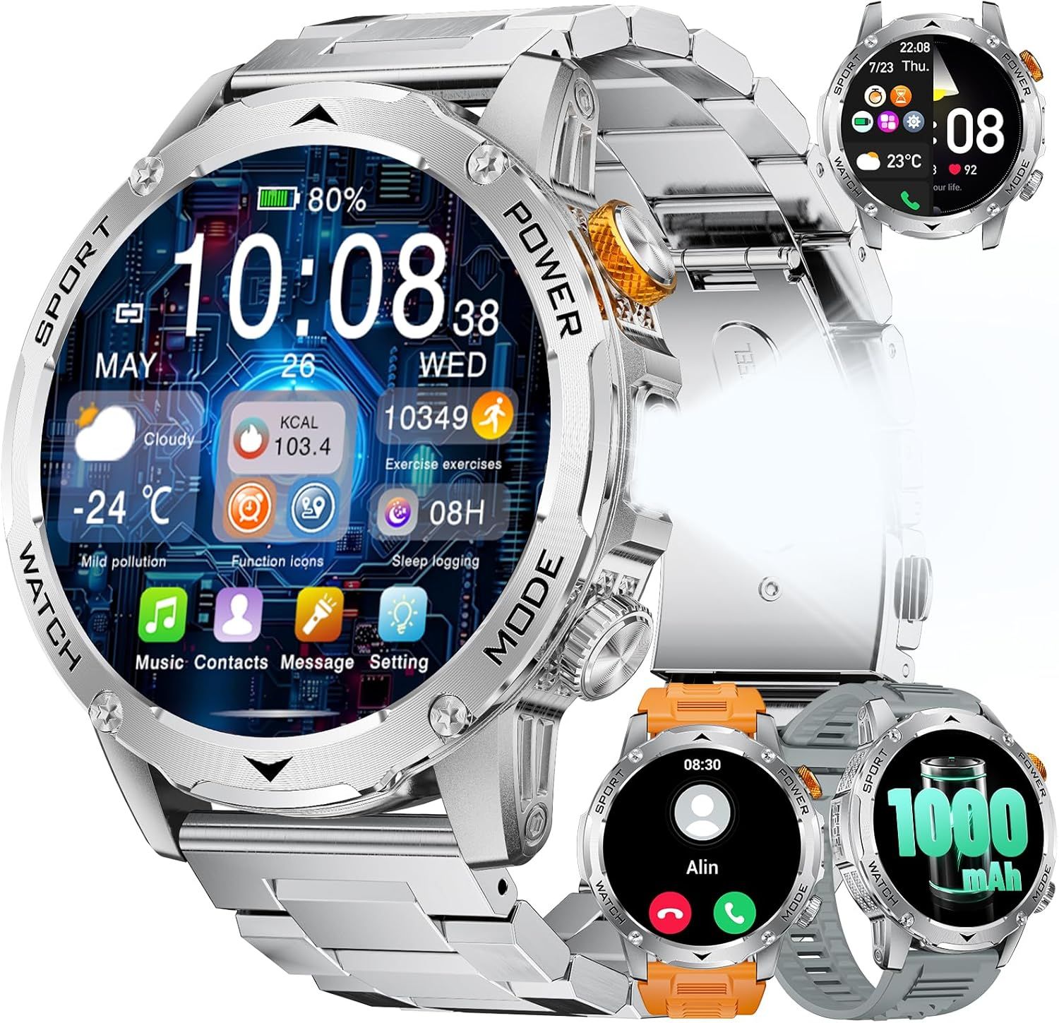 Connected Watch for Men with Bluetooth Calls and HD Screen 1.75", IP68 Waterproof and 1000mAh Battery Smartwatch with 120+ Sports/Sleep Monitor for Android iOS (3 Straps)