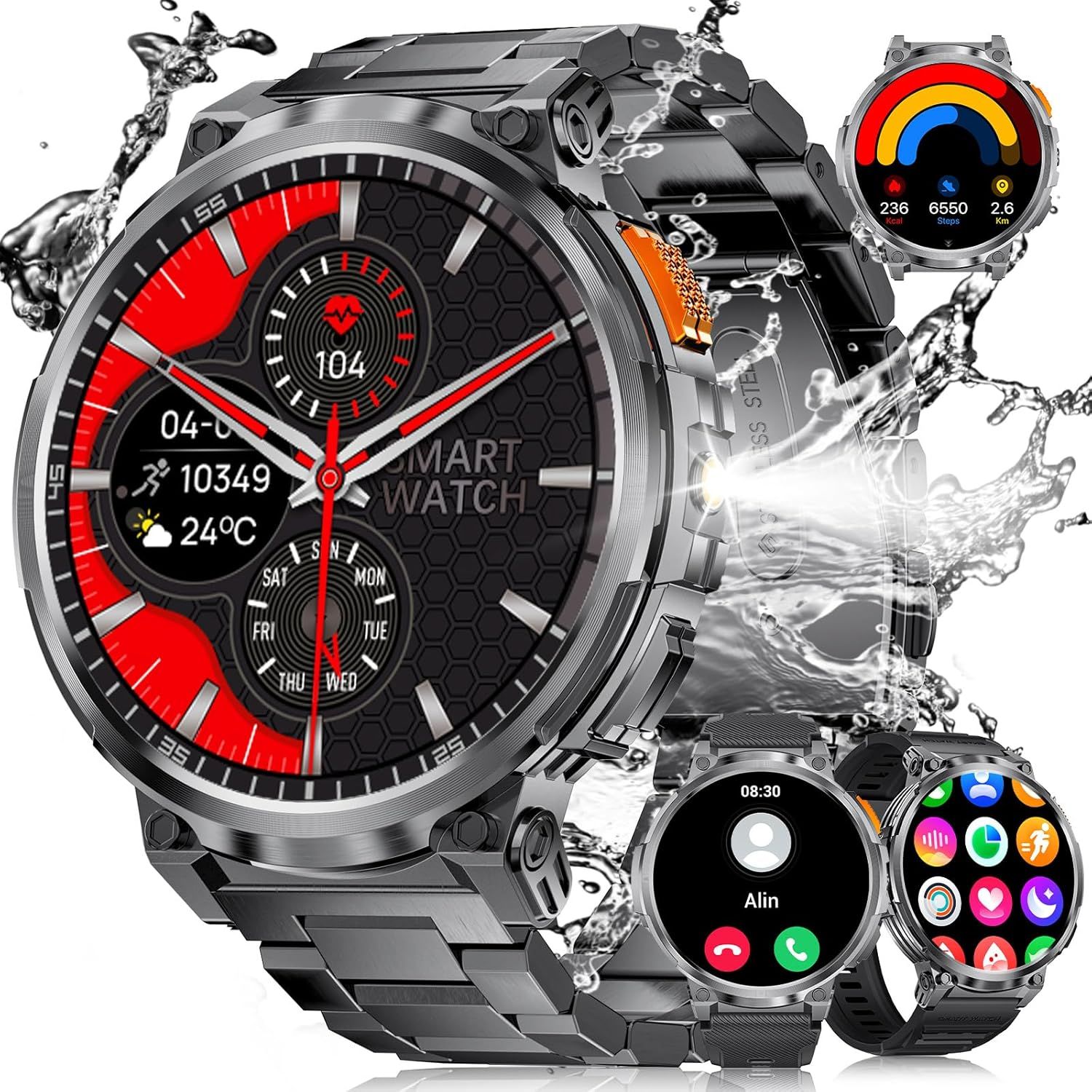 MAEC GROUPE CAHORS Men's Smartwatch with 1.85 HD Screen, 730mAh Battery, IP68 Waterproof, Heart Rate Monitor 24/7, Android iOS Sport Watch