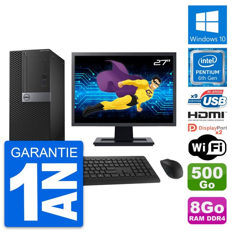 Dell OptiPlex 7050 Desktop PC - 27" Screen, Intel Pentium G4400, 8GB RAM, 500GB HDD, HDMI, WiFi