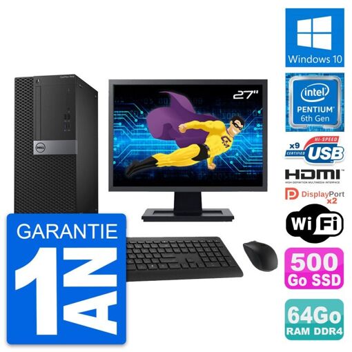 Dell OptiPlex 7050 Tower PC - 27" Screen, Intel G4400, 64GB RAM, 500GB HDD, HDMI, WiFi