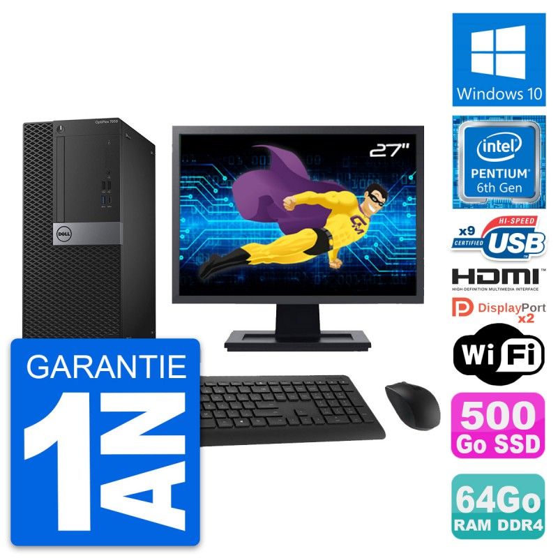 Dell OptiPlex 7050 Tower PC - 27" Screen, Intel G4400, 64GB RAM, 500GB HDD, HDMI, WiFi