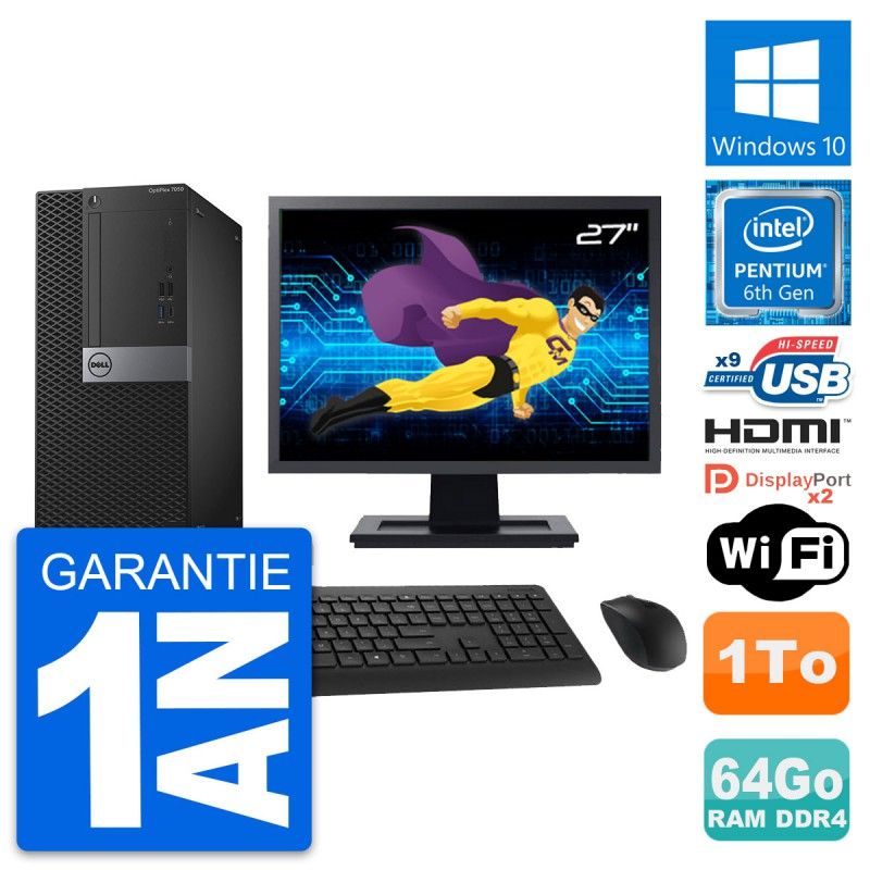 Dell OptiPlex 7050 Desktop Computer, 27" Display, Intel Pentium G4400, 64GB RAM, 1TB HDD, HDMI, WiFi