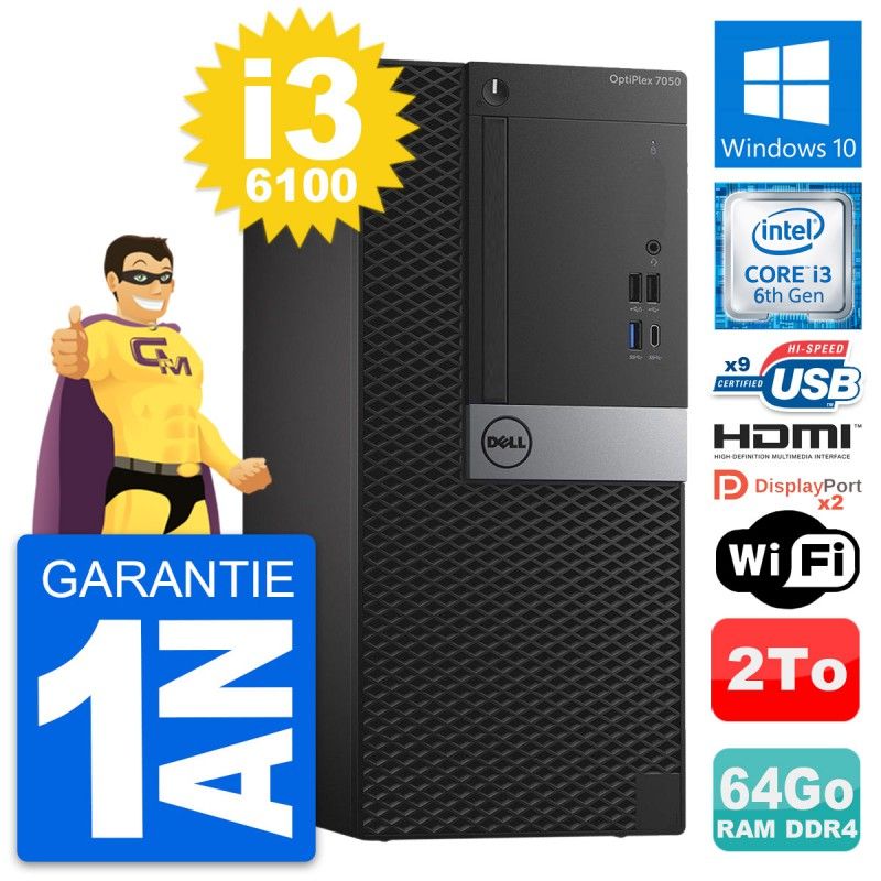 Dell OptiPlex 7050 Desktop PC - Core i3-6100, 64GB RAM, 2TB HDD, HDMI, WiFi