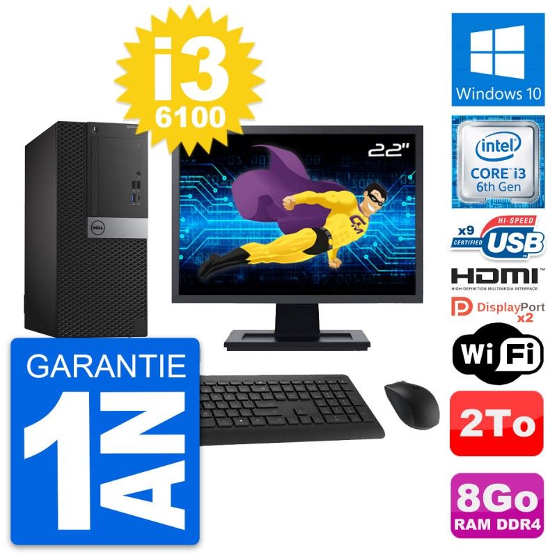 Dell OptiPlex 7050 Desktop Computer, 22" Screen, Core i3-6100, 8GB RAM, 2TB HDD, WiFi