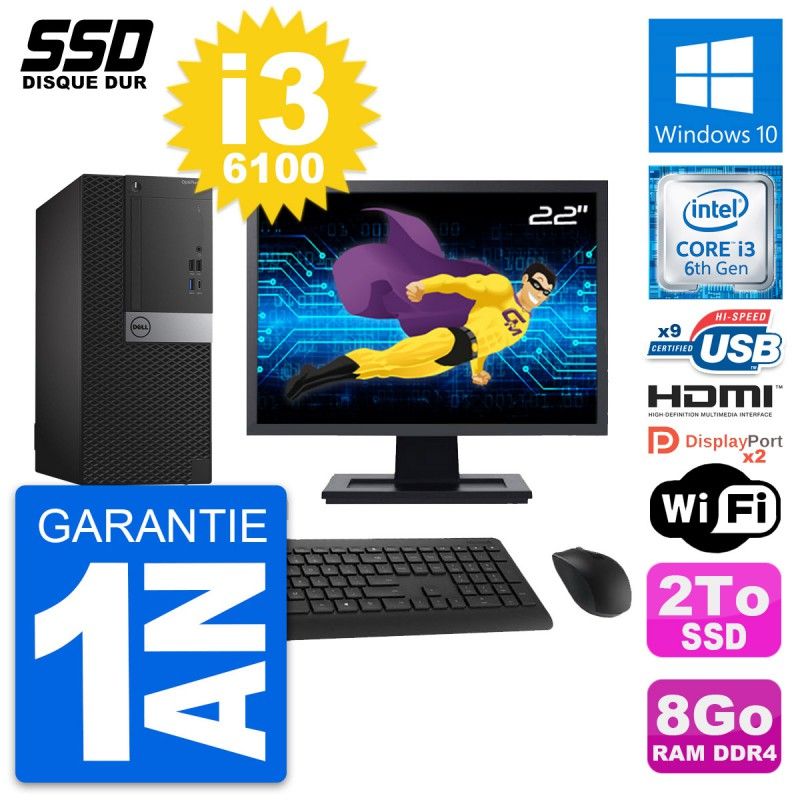 Dell OptiPlex 7050 Desktop PC - 22" Screen, Intel i3-6100, 8GB RAM, 2TB SSD, HDMI