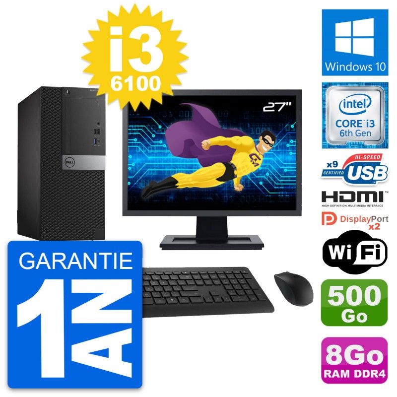 Dell OptiPlex 7050 Desktop Computer, 27" Screen, i3-6100, 8GB RAM, 500GB Disk