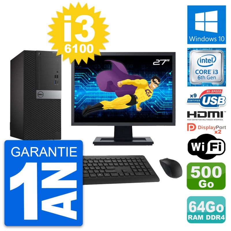 Dell OptiPlex 7050 Desktop PC - 27" Screen, i3-6100, 64GB RAM, 500GB Disk