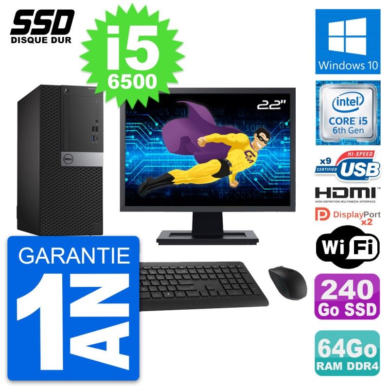 Dell OptiPlex 7050 Desktop PC - 22" Screen, Core i5-6500, 64GB RAM, 240GB SSD, HDMI, WiFi
