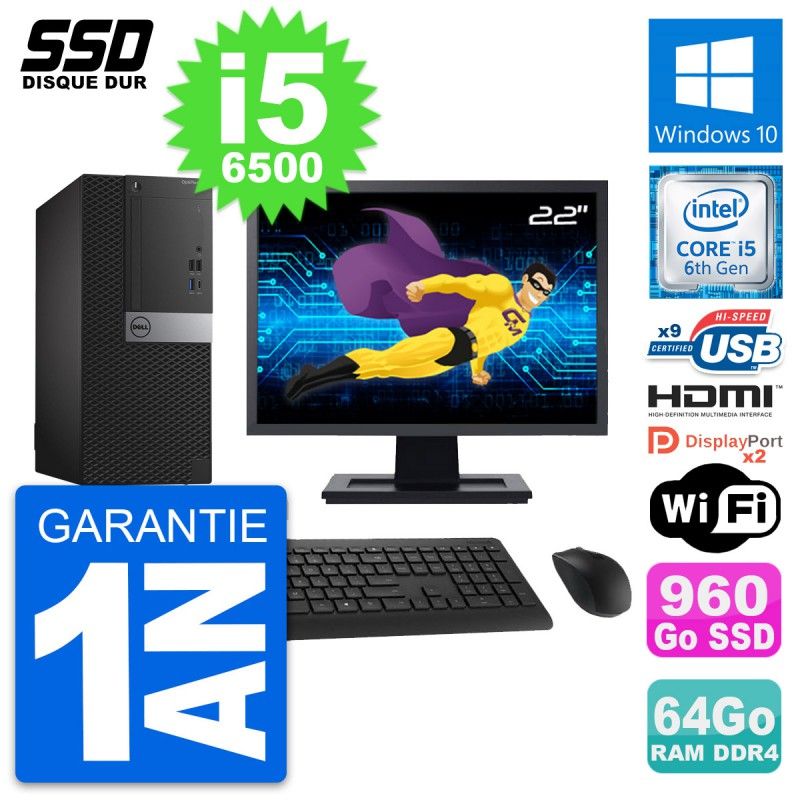 Dell OptiPlex 7050 Desktop Computer, 22" Screen, Core i5-6500, 64GB RAM, 960GB SSD, HDMI, Windows 10, WiFi