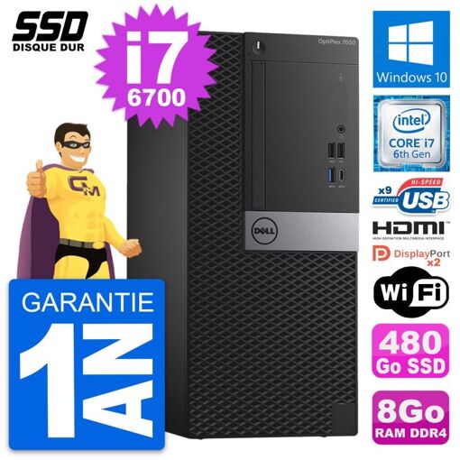 Dell OptiPlex 7050 Desktop PC - Intel i7-6700, 8GB RAM, 480GB SSD, HDMI, WiFi, Windows 10