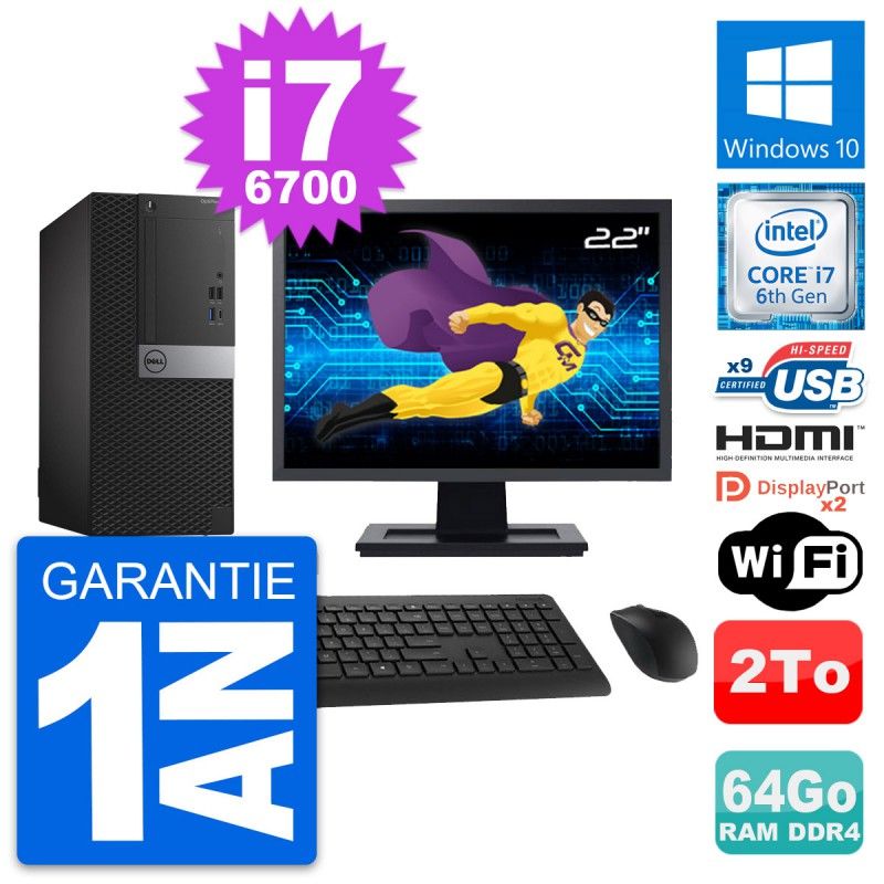Dell OptiPlex 7050 Desktop Computer - 22" Screen, i7-6700, 64GB RAM, 2TB HDD, HDMI, WiFi