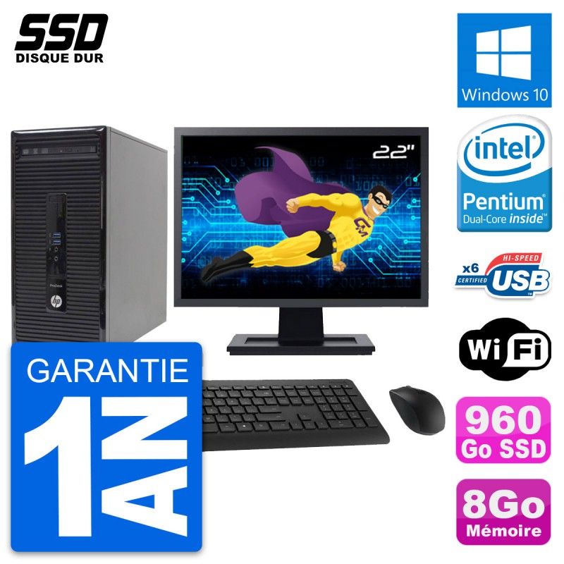 HP ProDesk 400 G2 MT Desktop Computer, 22" Screen, Pentium G3220, 8GB RAM, 960GB SSD, Windows 10, WiFi