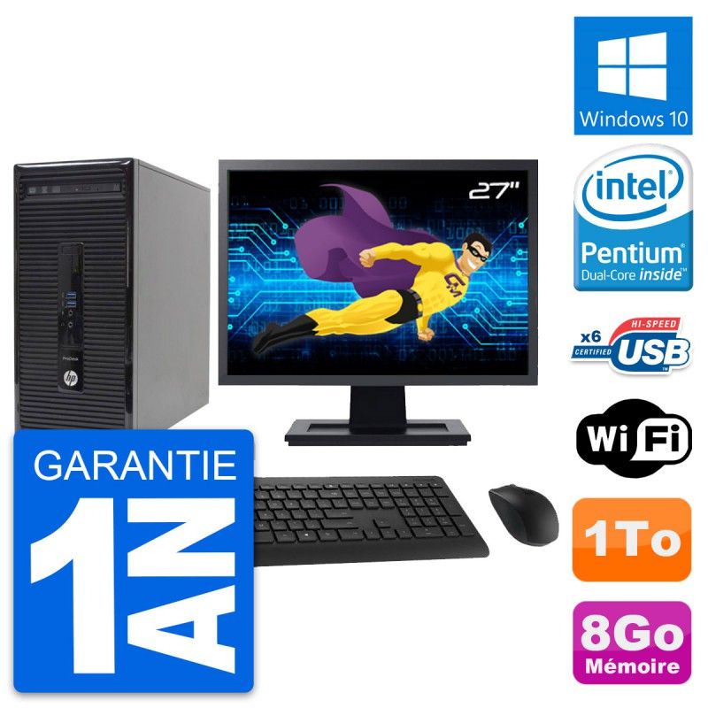 HP ProDesk 400 G2 MT Desktop Computer, 27" Screen, Intel Pentium G3220, 8GB RAM, 1TB HDD, Windows 10, WiFi