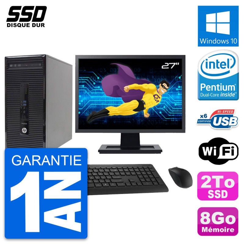 HP ProDesk 400 G2 MT Desktop PC - 27" Screen, Intel Pentium G3220, 8GB RAM, 2TB SSD, Windows 10, WiFi