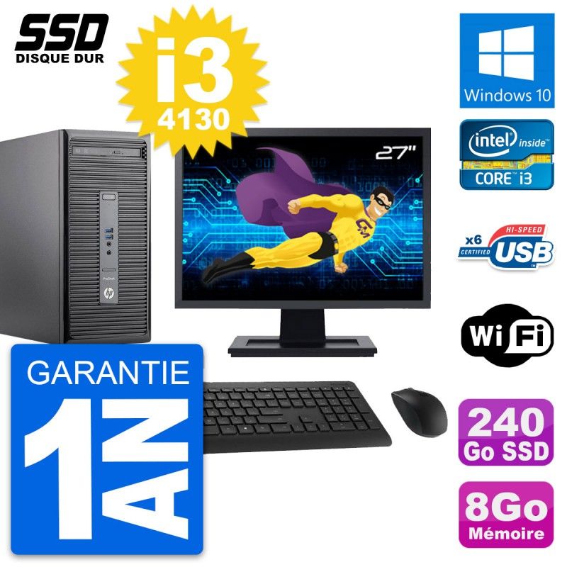 HP ProDesk 400 G2 MT Desktop Computer, 27" Screen, Core i3-4130, 8GB RAM, 240GB SSD, Windows 10, WiFi
