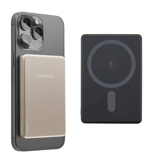 Batería externa Intenso MW5000 Magnética - 5000 mAh, compatible con Magsafe, carga inalámbrica de 15W, USB-C PD 20W, fina y compacta - Pruebas realizadas en Alemania - Champán