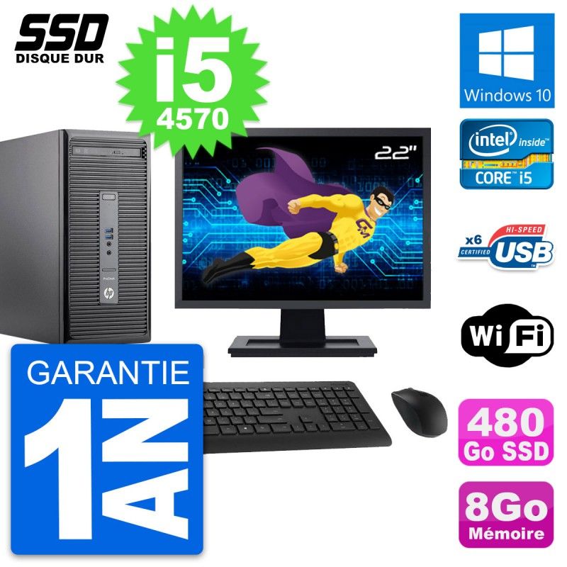HP ProDesk 400 G2 MT Desktop Computer, 22" Screen, Core i5-4570, 8GB RAM, 480GB SSD, Windows 10, WiFi