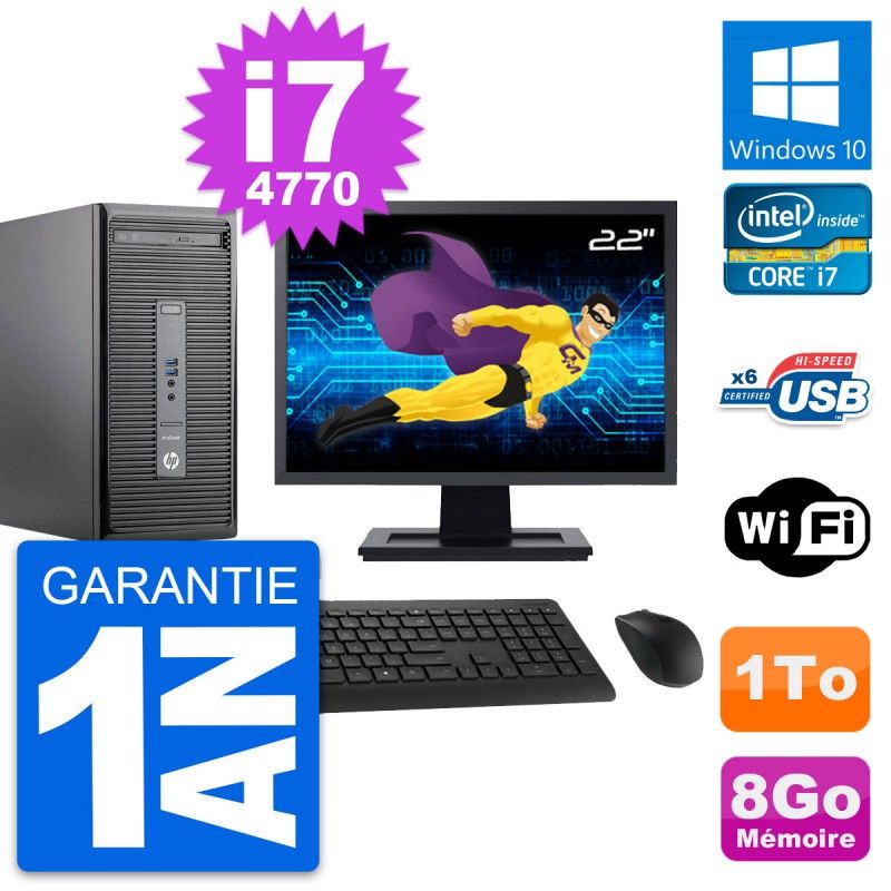 HP ProDesk 400 G2 MT Desktop Computer, 22" Screen, Intel i7-4770, 8GB RAM, 1TB HDD, Windows 10, WiFi