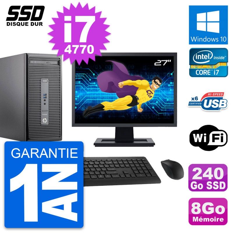 HP ProDesk 400 G2 MT Desktop PC - 27" Screen, Core i7-4770, 8GB RAM, 240GB SSD, Windows 10, WiFi