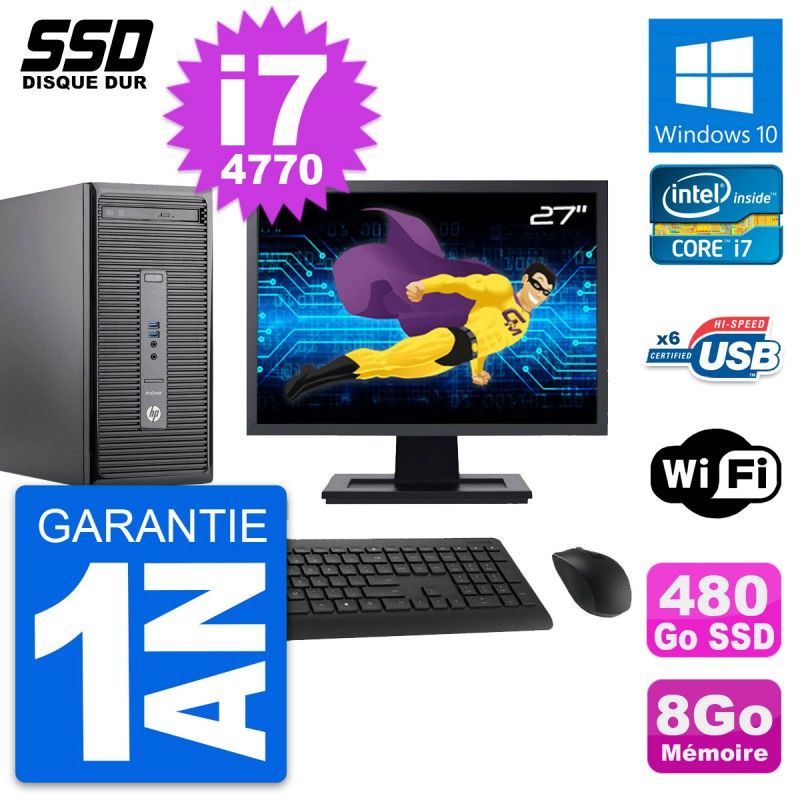 HP ProDesk 400 G2 MT Desktop PC - 27" Screen, Intel Core i7-4770, 8GB RAM, 480GB SSD, Windows 10, Wifi