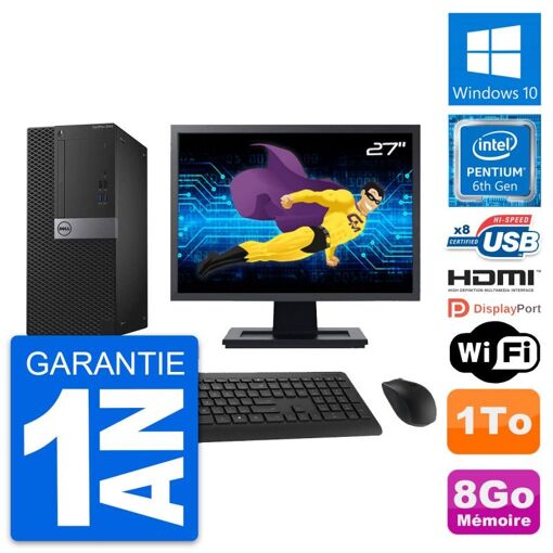 Computadora de escritorio Dell OptiPlex 3040, pantalla de 27", procesador Intel Pentium G4400, 8 GB de RAM, 1 TB HDD, Windows 10