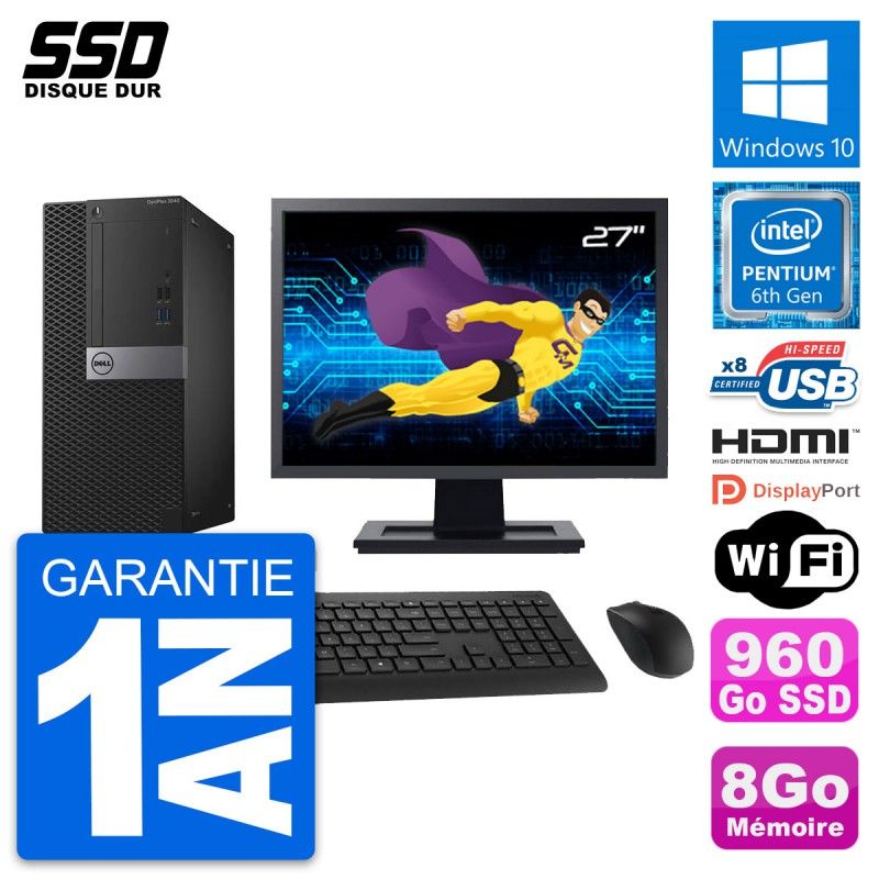 Dell OptiPlex 3040 Desktop Computer, 27" Screen, Intel G4400, 8GB RAM, 960GB SSD, HDMI, WiFi