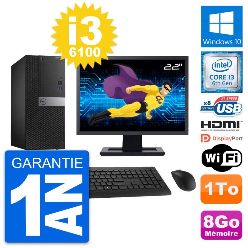 Dell OptiPlex 3040 Desktop Computer, 22" Screen, Core i3-6100, 8GB RAM, 1TB HDD, HDMI, WiFi