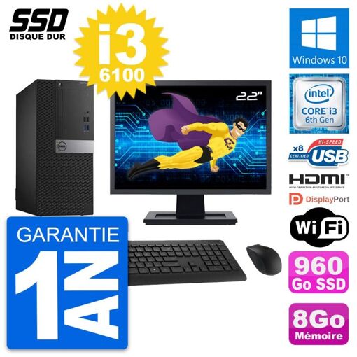 Ordinateur de bureau Dell OptiPlex 3040, Écran 22'' HD, Processeur Intel i3-6100, 8 Go de RAM, 960 Go SSD, HDMI, Wifi