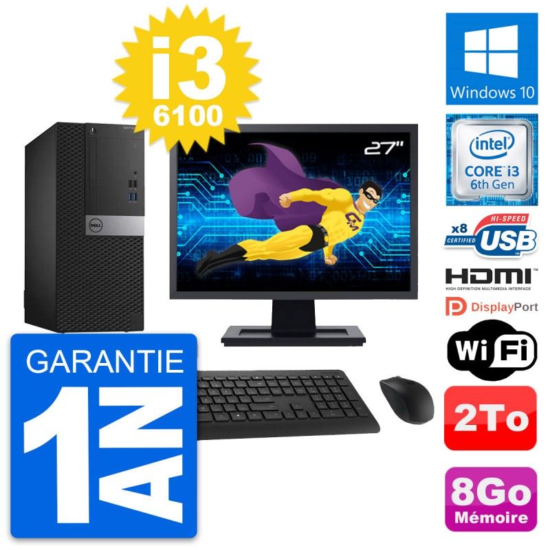 Dell OptiPlex 3040 Desktop Computer, 27" Screen, Core i3-6100, 8GB RAM, 2TB HDD, HDMI, Wi-Fi
