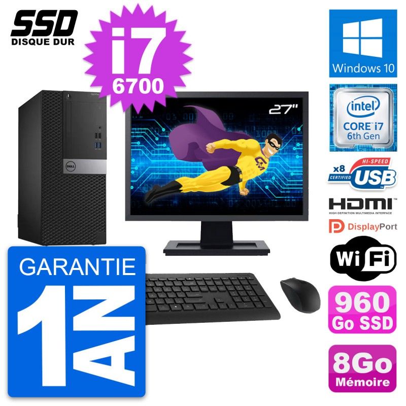 Dell OptiPlex 3040 Desktop PC - 27" Screen, Intel i7-6700, 8GB RAM, 960GB SSD, HDMI