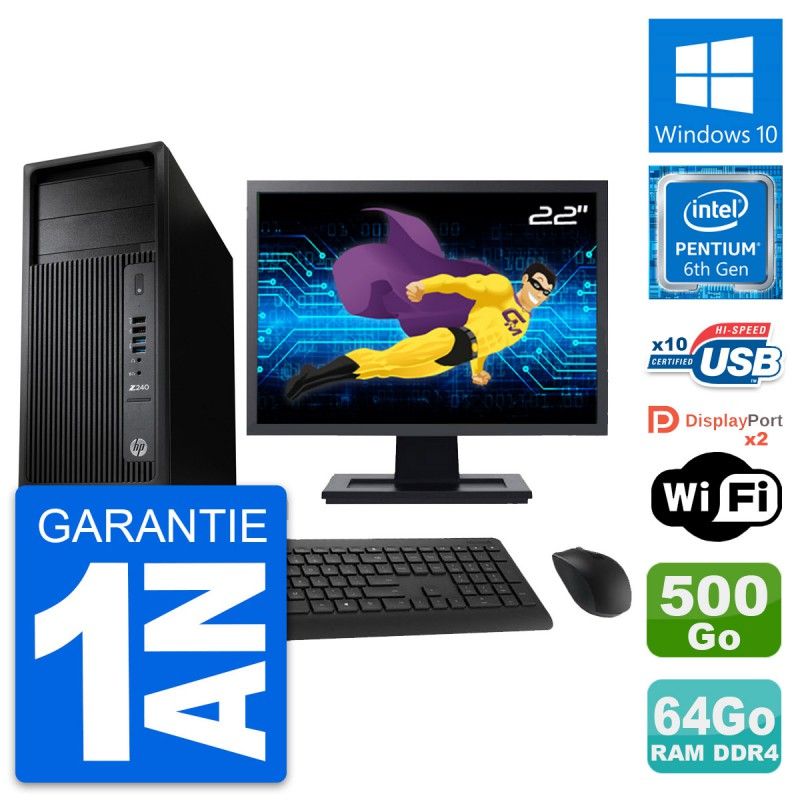 HP Z240 MT Workstation - 22" Screen, Intel G4400, 64GB RAM, 500GB HDD, Windows 10, WiFi