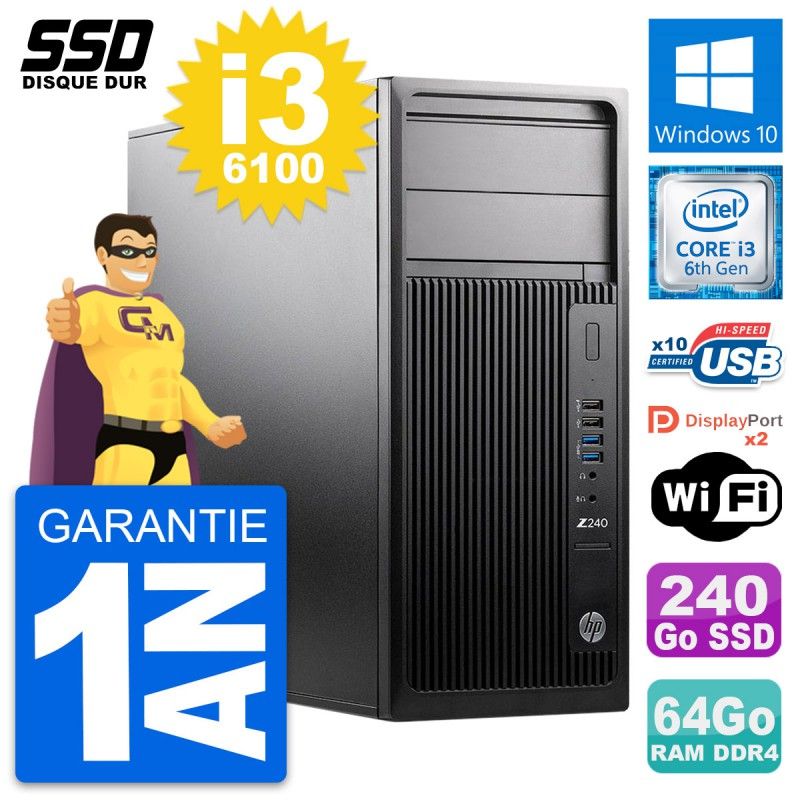 HP WorkStation Z240 MT - Intel i3-6100, 64GB RAM, 240GB SSD, Windows 10, WiFi