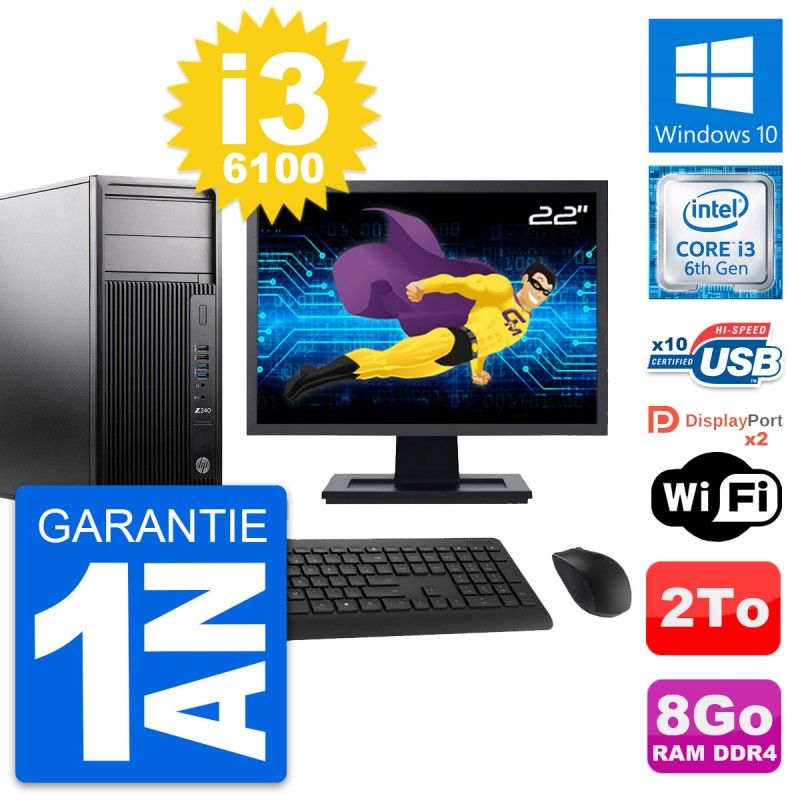 HP WorkStation Z240 Desktop Computer - 22" Screen, i3-6100, 8GB RAM, 2TB Storage, Windows 10, WiFi