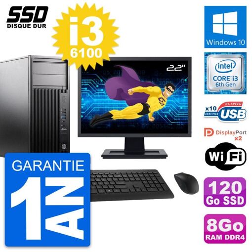 Station de travail HP Z240 - Écran 22 pouces, i3-6100, 8 Go de RAM, 120 Go SSD, Windows 10, WiFi