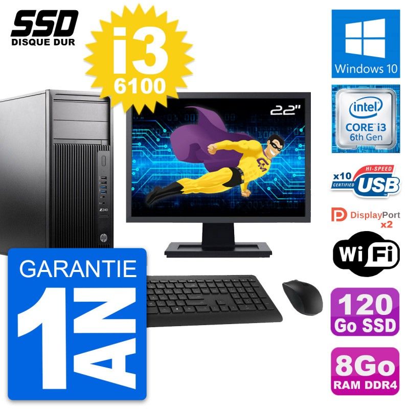 HP WorkStation Z240 Desktop PC - 22-inch Display, i3-6100, 8GB RAM, 120GB SSD, Windows 10, WiFi