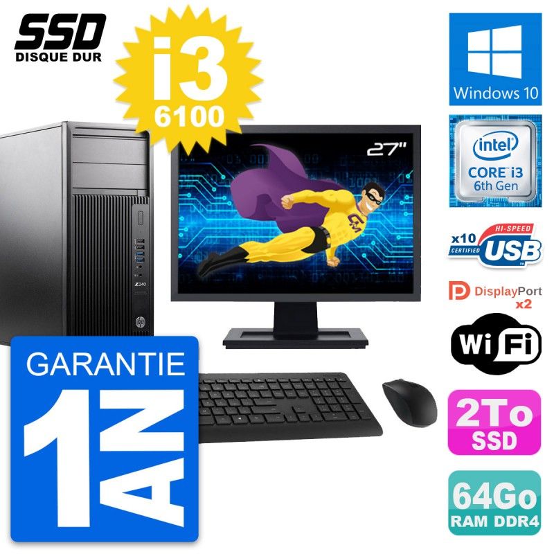 HP WorkStation Z240 Desktop PC - 27" Screen, i3-6100, 64GB RAM, 2TB SSD, Windows 10, WiFi